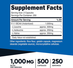 BCAA 1000Mg, 500 Capsules (250 Serv), 2:1:1 Branched Chain Amino Acids (500Mg of